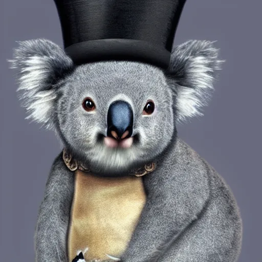 Prompt: Koala with a top hat eating eucalyptus, realistic, detailed, trending on artstation