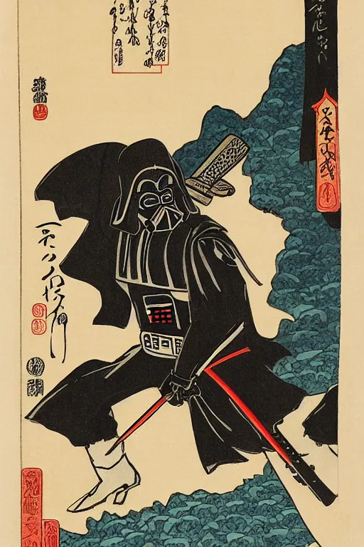 Image similar to Japanese woodblock print of Darth Vader holding a samurai sword , Hokusai