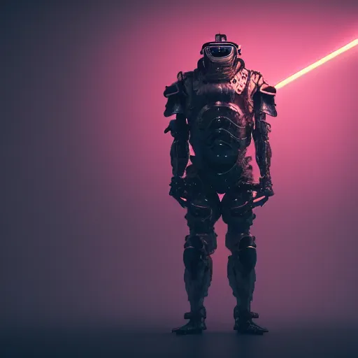 Image similar to wide shot, photo of a toad head, a huge humanoid toad-man with a katana, in a heavy futuristic armour without a helmet, hyper realistic, hyper detailed, coherent photo, trending on artstation, cyberpunk, Japanese style, volumetric lightning, neon, electric colours, Cinematic, Dramatic, Film Grain, Kodak Portra, Depth of Field, 15 mm octane render, 4k, raytracing, blender