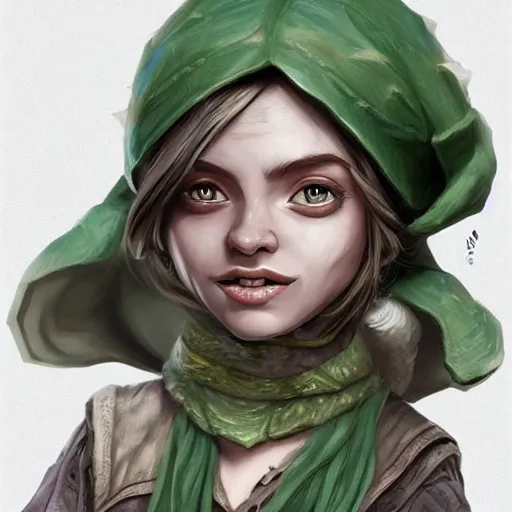 Prompt: Cute Goblin Cleric Girl with large expressive eyes and a scarf, hatched ear, green skin, highly detailed, by Luke Pearson, Cornelia Geppert, artgerm, digital illustration, comic style, concept art