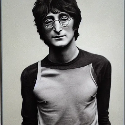 Image similar to A portrait of teenage John Lennon, by Annie Leibovitz, oil painting, majestic, detailed, high resolution