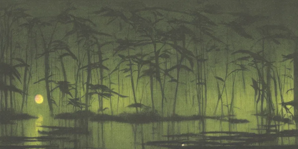 Image similar to rainforest at night by ohara koson, 1 9 1 0