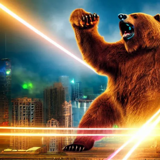 Image similar to a giant angry bear throwing laser by the hands attacking the city, photomanipulation, photoshop, digital art