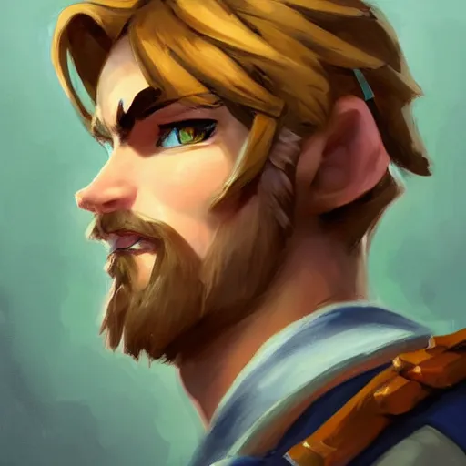 Image similar to greg manchess portrait painting of link from legend of zelda as overwatch character, medium shot, asymmetrical, profile picture, organic painting, sunny day, matte painting, bold shapes, hard edges, street art, trending on artstation, by huang guangjian and gil elvgren and sachin teng