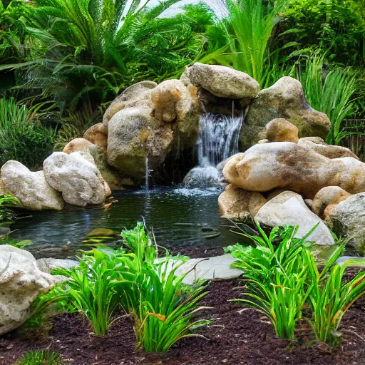 Prompt: popcorn boulders in a jungle landscape, gum drop koi pond