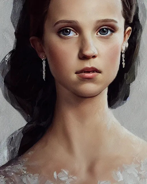 Image similar to a painting of a girl resembling alicia vikander or millie bobby brown in a wedding dress, highly detailed, artstation, concept art, by thomas canty