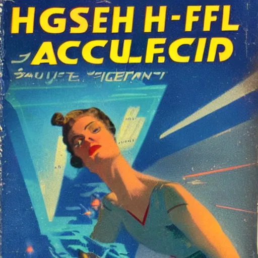 Image similar to vintage sci-fi book cover, high detail, damsel in distress, warm azure tones, red color bleed, film grain