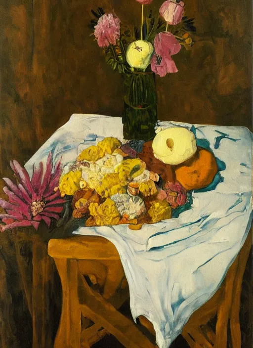 Image similar to a surreal painting of a breakfast still life, flowers, by George Baselitz, symbolist, soft colors, dramatic lighting, smooth, sharp focus, extremely detailed, aesthetically pleasing composition