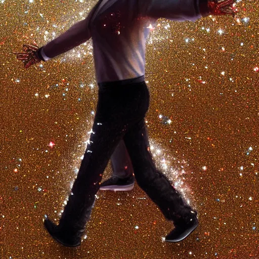 Prompt: micheal jackson moonwalking in heaven glitter mirror angels lights photorealistic ultra detailed 8 k, digital painting, unreal engine, 3 d render