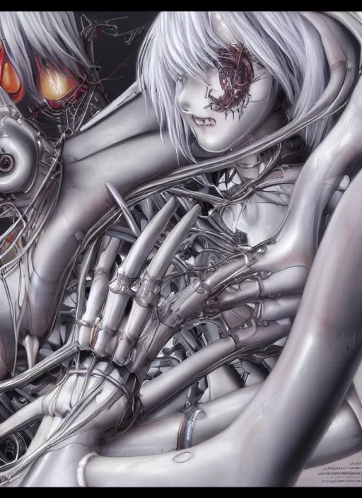 Image similar to Rei Ayanami by Yoshitaka Amano, by HR Giger, biomechanical hand, 4k, wide ayes, hyper detailed, hyperrealism, anime