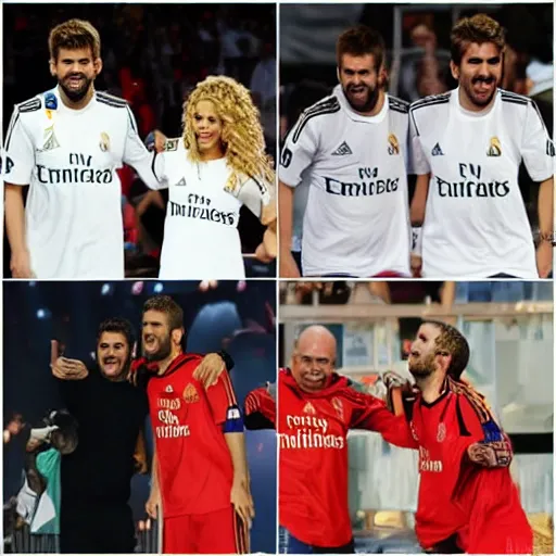 Prompt: shakira with the real madrid shirt laughing at gerard pique crying