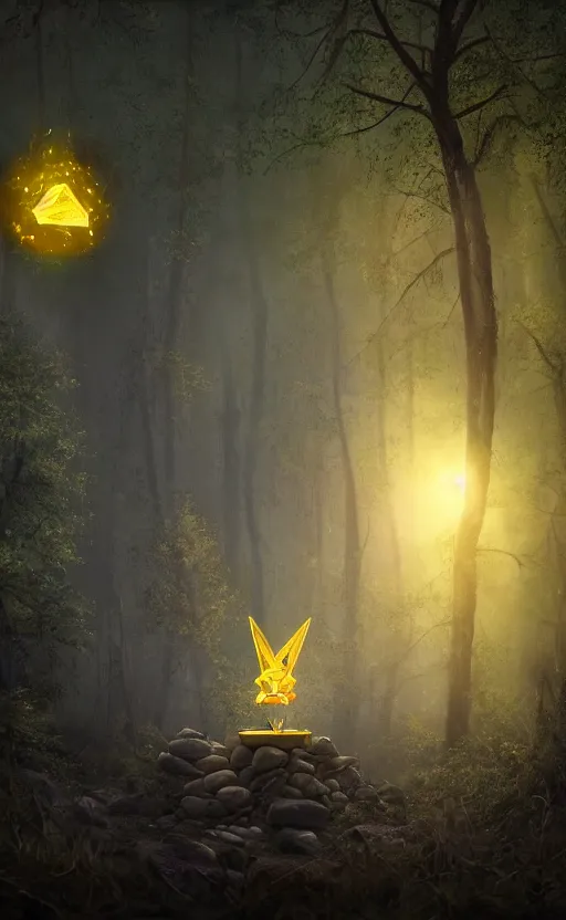 Image similar to dark fantasy photorealistic concept art of bill cipher floating in the middle of a forest with glowing yellow eyes, and pebbles floating in the air, gloomy seen, dynamic lighting, ambient lighting, atmospherical, stunning visuals, creative, cinematic, ultra detailed, trending on art station