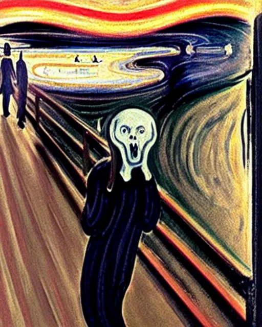 Image similar to a painting of ghostface in the scream by edvard munch