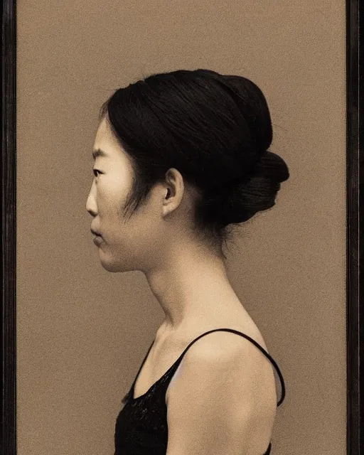 Prompt: a japanese woman's face in profile, made of intricate lace skeleton, in the style of the dutch masters and gregory crewdson, dark and moody