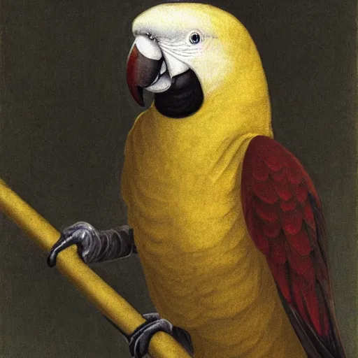 Prompt: human melancholy depicted in a parrot