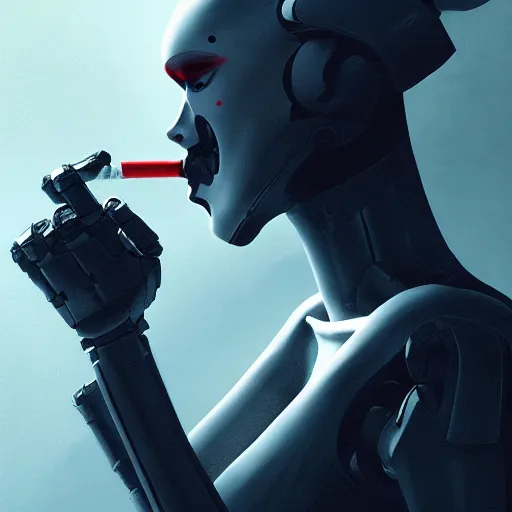 Prompt: an attractive robot smoking by greg rutkowski, sung choi, mitchell mohrhauser, maciej kuciara, johnson ting, maxim verehin, peter konig, 8 k photorealistic, cinematic lighting, hd, high details, dramatic, dark atmosphere, trending on artstation