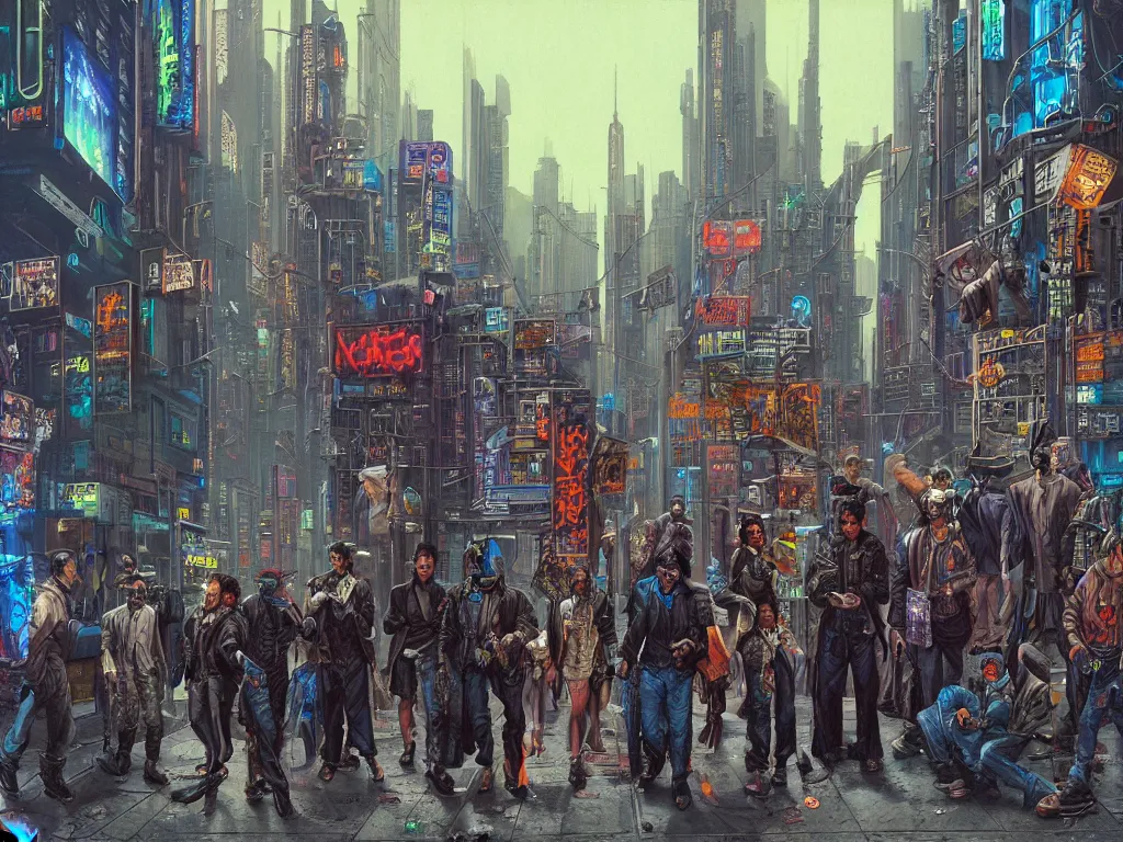 Prompt: a hyperrealistic matte painting of a cyberpunk gang on the streets of a lofty city, gritty, cyberpunk ads, piping, cables, art deco architecture, graffiti, fine detail, intricate, polished, blue color scheme, cinematic lighting, by john smith, noriyoshi ohrai