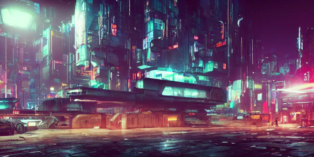 Prompt: a dystopian city scene at night with neon signs hanging in the distance, and a spaceship in the sky, wet concrete, volumetric lighting, cyberpunk, photorealism, dramatic lighting