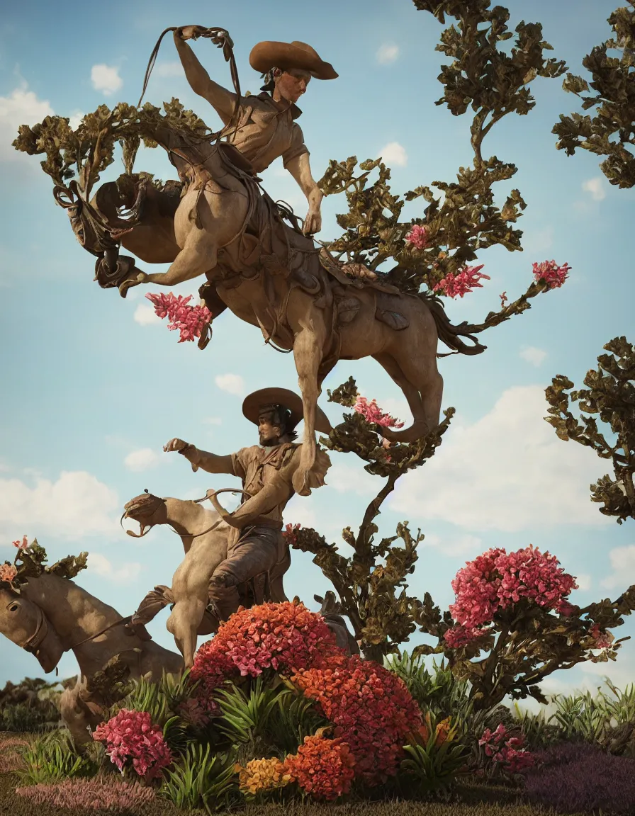 Image similar to a cowboy turning into blooms. tropical sea slugs, tractor tires. complementary colors. national geographic. 8 k, rendered in octane, smooth gradients. sculpture by antonio canova