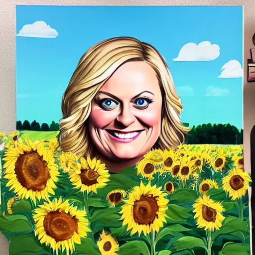 Image similar to a mural of Amy poehler as Leslie knope in a meadow of beautiful sunflowers —width 480 —height 270
