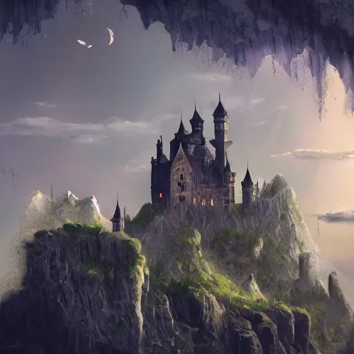 Prompt: fantasy landscape of a gothic castle floating in the sky, waterfalls falling from it, trending on artstation,