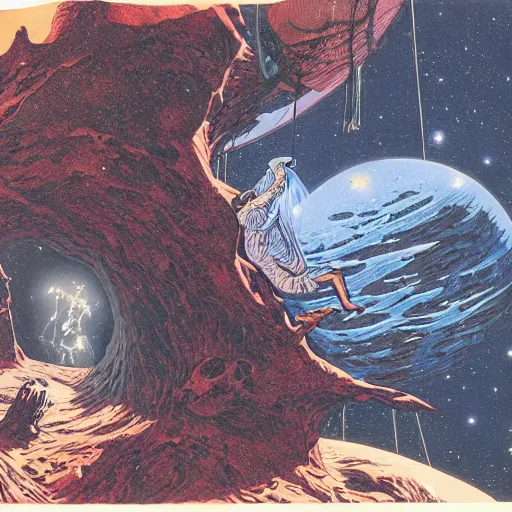 Prompt: Liminal space in outer space by Bernie Wrightson, colorized