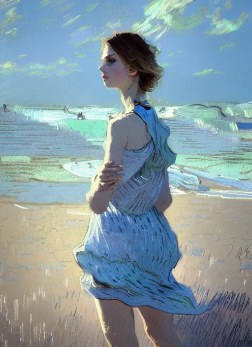 Image similar to portrait of a beautiful girl, sea dunes backdrop, sad, pastel shades of light blue and light yellow, beautiful face, rule of thirds, intricate outfit, spotlight, by greg rutkowski, by jeremy mann, by francoise nielly, by van gogh, by rineke dijkstra, digital painting