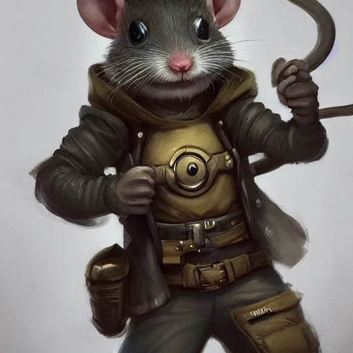 Prompt: cute little anthropomorphic rat wearing techwear outfit, ultra wide lens shot , tiny, small, short, cute and adorable, pretty, beautiful, DnD character art portrait, matte fantasy painting, DeviantArt Artstation, by Jason Felix by Steve Argyle by Tyler Jacobson by Peter Mohrbacher, cinematic lighting