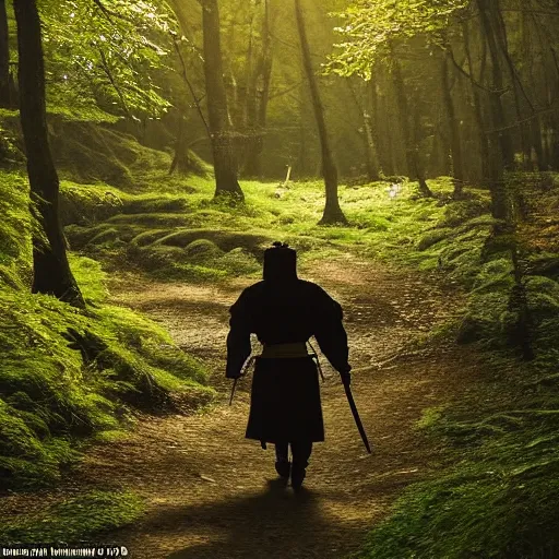 Prompt: a samurai walks alone through the woods at day, bright, sunny, atmospheric, cinematic lighting, intricate detail?