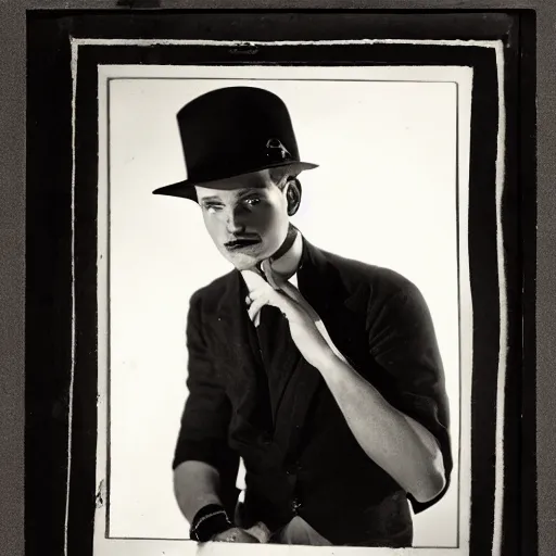 Image similar to a black and white photo of a man wearing a hat, a character portrait by george hurrell, featured on flickr, mannerism, studio portrait, chiaroscuro, 1 9 2 0 s