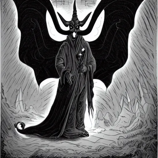 Prompt: baphomet wearing a dark hooded cloak