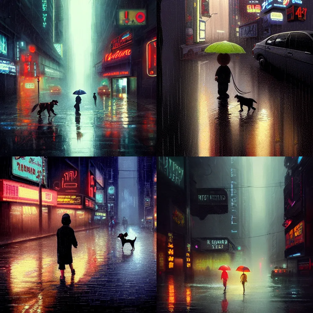 Prompt: a matte painting of a young boy and his pet dog helping an old woman to cross a busy bladerunner street, rainy evening, water reflection on the floor, neon . digital painting by Greg Rutkowski and James Gurney, trending on Artstation, highly detailed