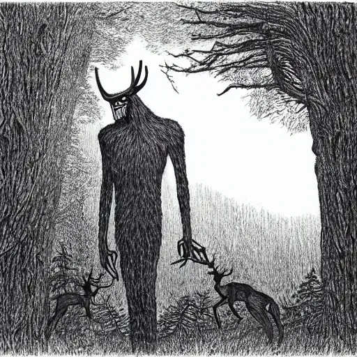 Image similar to wendigo in the woods of Maine illustration by Chris Van Allsburg