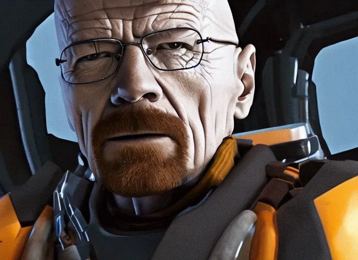 Image similar to film still of Walter White as Gordan Freeman wearing Black Mesa Jumpsuit in the Half Life Movie, 4k