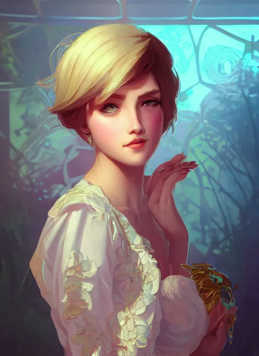 Prompt: beautiful girl short hair, cute, intricate, highly detailed, digital painting, trending on artstation, concept art, smooth, sharp focus, backlit, rim light, vivid colors, illustration, unreal engine 5, 8 k, art by rossdraws and alphonse mucha