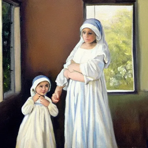 Image similar to a painting of a woman holding a child. The woman is wearing a white dress and has a blue scarf around her head. The child is a young girl, and she is also wearing a white dress. They are both standing in front of a window, and there is a curtain blowing in the wind. The colors in the painting are very soft and muted.