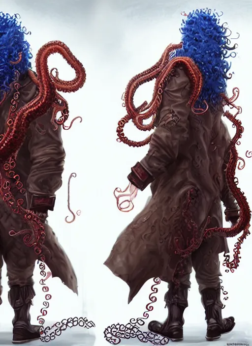 Image similar to !dream a highly detailed illustration of thick curly haired young guy wearing brown coat and face mask, with red and blue biker gloves, with wire tentacles on his back, dramatic standing pose, intricate, elegant, highly detailed, centered, digital painting, artstation, concept art, smooth, sharp focus, league of legends concept art, WLOP