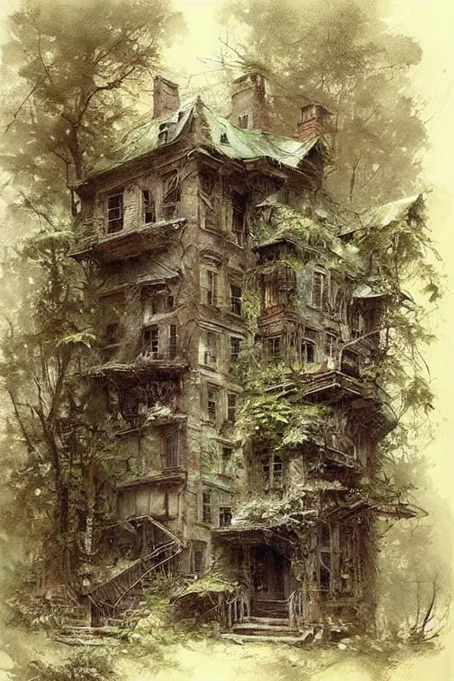 Image similar to (((((a ramshackle manhattan brownstone deep in the forest, completely overgrown))))) by Jean-Baptiste Monge!!!!!!!!!!!!!!!!!!!!!!!!!!!