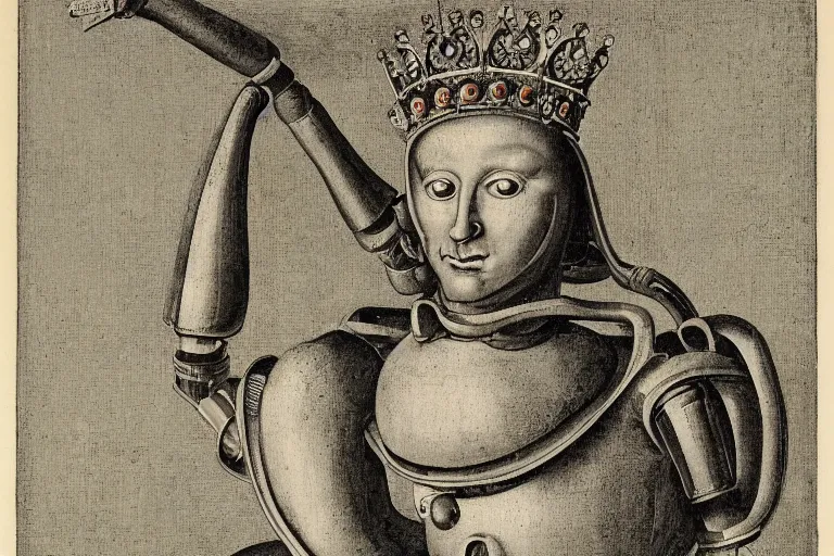 Image similar to Portrait of a robot wearing a crown and a royal mantle by Hans Baldung