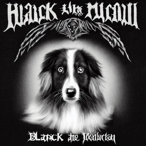 Prompt: australian shepherd on the album cover of a black metal band