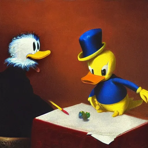 Prompt: donald duck and donald trump are sitting in front of a bowl of stawberries, drawing by rembrandt