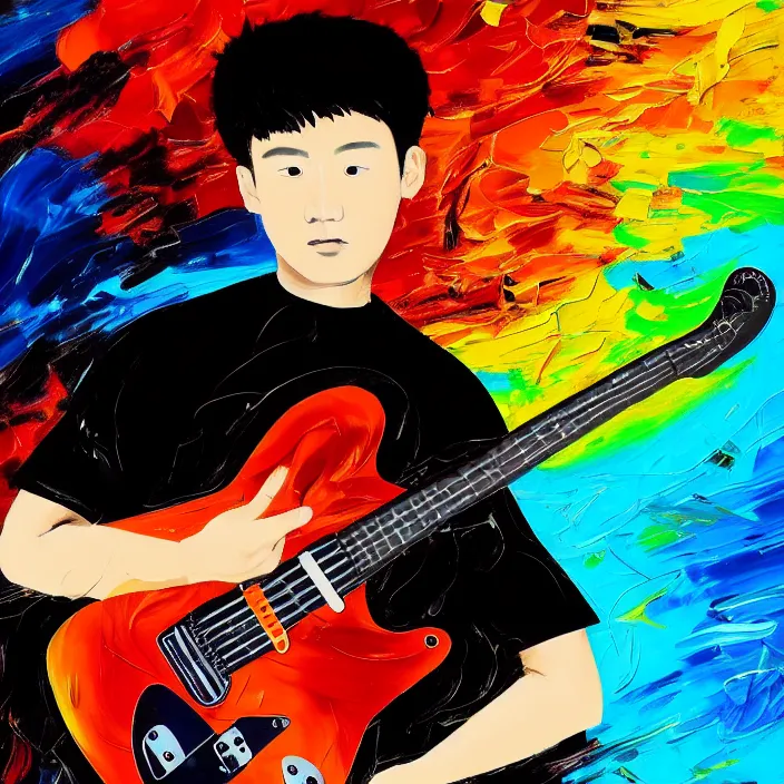 Prompt: abstract swirly brush strokes painting of a young korean man wearing black t shirt holding a telecaster!!! electric guitar!!, dark swirly background, huge dramatic brush strokes, matte colors, abstract, masterpiece, impressionist, trending on artstation