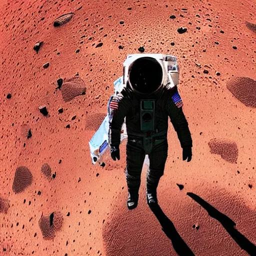 Image similar to wide angle shot from below of nicolas cage astronaut walking with swagger towards camera on mars in an infinite universe, synthwave digital art