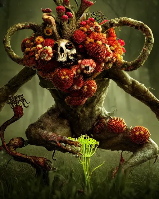 Prompt: a disturbing horror photograph of a fantasy creature made out of nature and flowers and fungus, intricate, hyperrealism, sharp focus, cinematography, highly detailed, octane render, digital horror cgi 4 k, matte, photograph by professional photographer