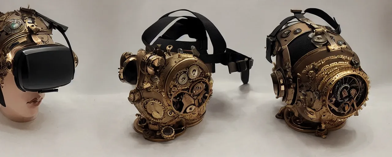 Prompt: advanced complex steampunk VR headset, vintage photo