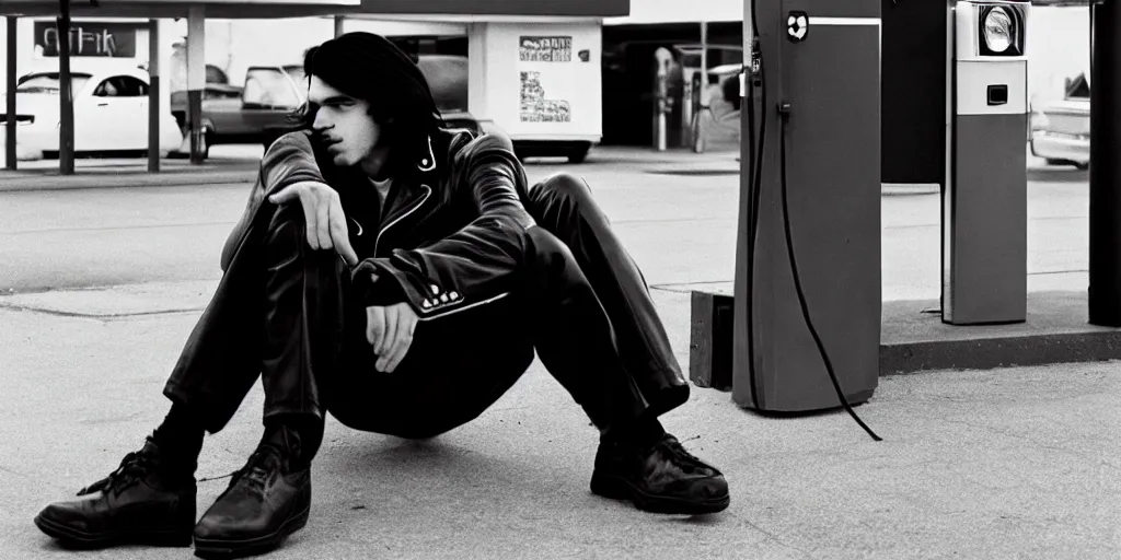 Image similar to a handsome young thug like male teen wearing a black leather jacket has long black hair sitting outside of a gas station, 6 0 s era, film still, anamorphic lens, photoreal, award winning