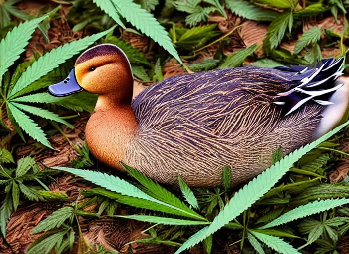 Image similar to duck, marijuana leaves, duck surrounded by weed leaves