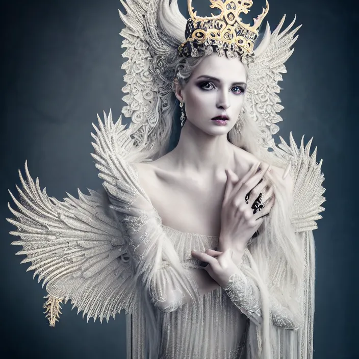 Prompt: photo portrait of a beautiful woman like a queen-dark fallen angel, dressed in long elegant intricate ornamental white dress, intricate fractal ornament in the bust with a very long neck , elegant, highly detailed intricate baroque ornament in her blond long hair, Realistic, Refined, Highly Detailed, Cinematic outdoor Lighting, fine art photography by Flora Borsi, volumetric lighting, pastel colors scheme , hyper realistic photography