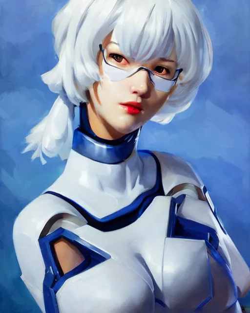 Image similar to greg manchess portrait painting of rei ayanami as an overwatch character, medium shot, asymmetrical, profile picture, organic painting, sunny day, matte painting, bold shapes, hard edges, street art, trending on artstation, by huang guangjian and gil elvgren and sachin teng