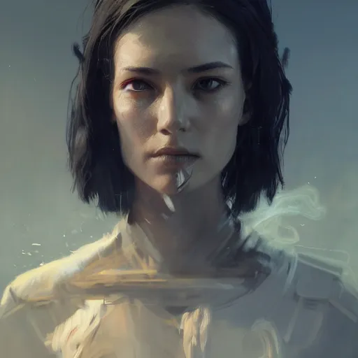 Image similar to a portrait of a smoking cyborg women by greg rutkowski, sung choi, mitchell mohrhauser, maciej kuciara, johnson ting, maxim verehin, peter konig, 8 k photorealistic, cinematic lighting, hd, high details, dramatic, dark atmosphere, trending on artstation
